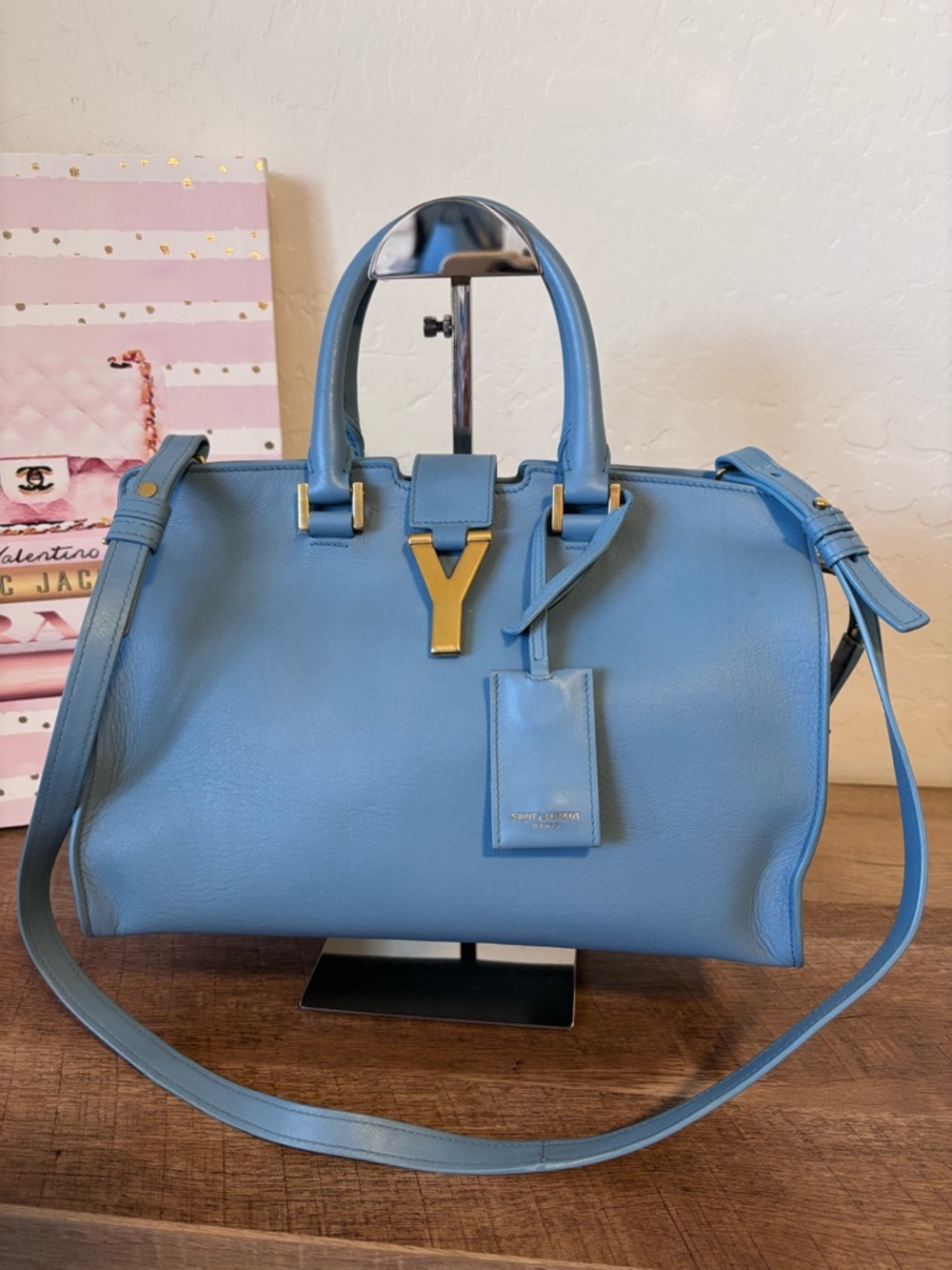 Saint Laurent Small Cabas Sky Blue Leather Satchel with Gold Y Hardware